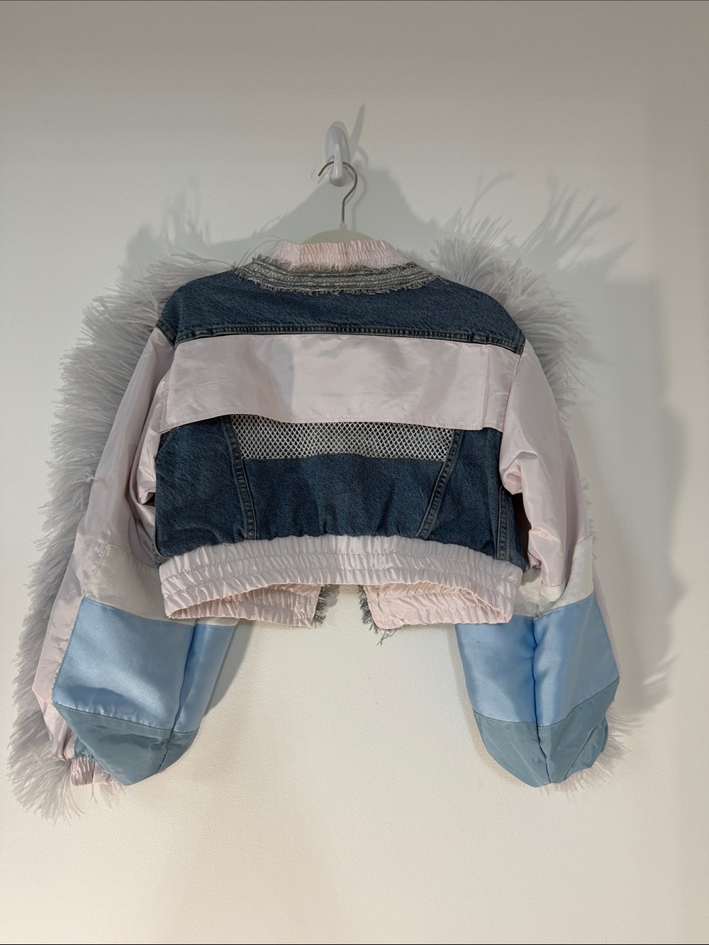 Next Level Apparel Mixed Denim &  Fur Bomber Jacket in Light Gray and Blue - Picture 7 of 8